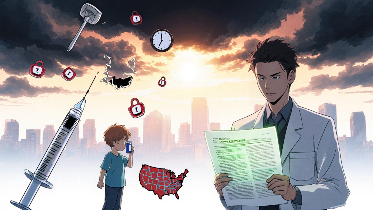 Broken syringe and inhaler next to regulatory icons, with healthcare workers holding a glowing FDA guideline.