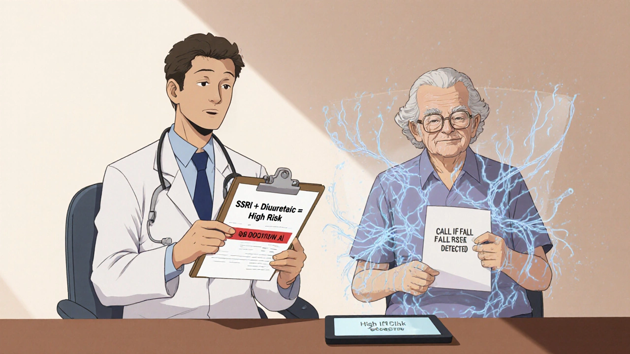 Doctor and patient in clinic with body overlay showing diluted sodium and AI fall risk alert on tablet.