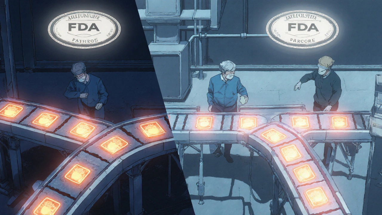 Factory assembly line producing branded and plain pills on parallel conveyor belts.