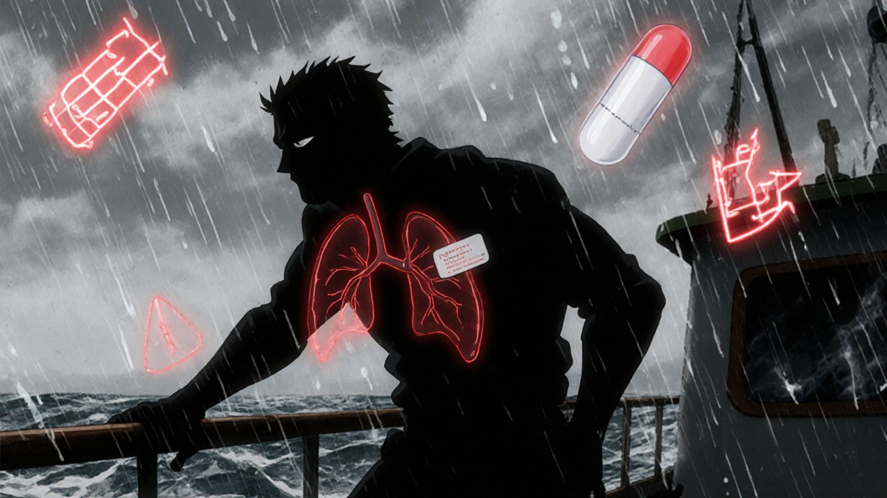 Fisherman on a stormy boat deck, holding a pill, with warning symbols glowing around him.