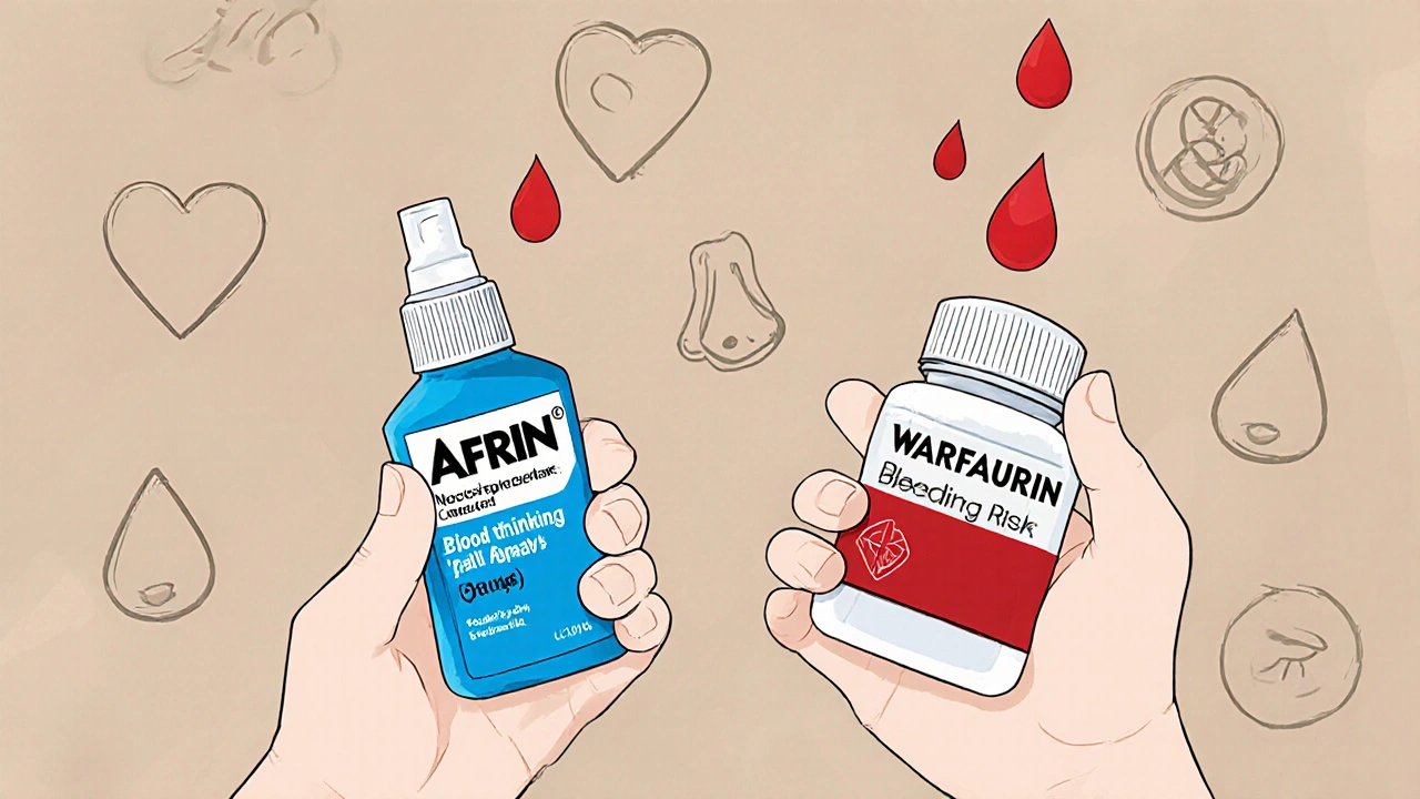 Nasal spray and blood thinner pills side by side with floating red droplets symbolizing bleeding risk.