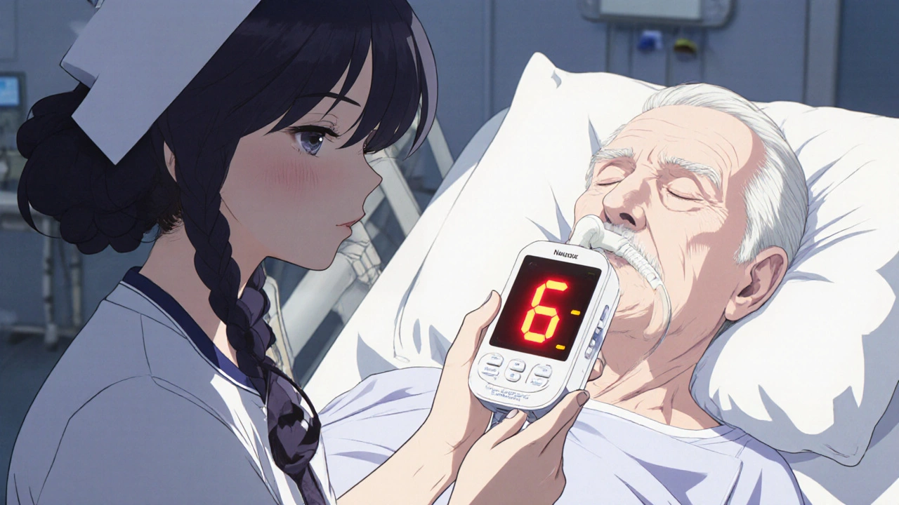 Nurse holding an IPI monitor showing critical level beside an unresponsive senior.