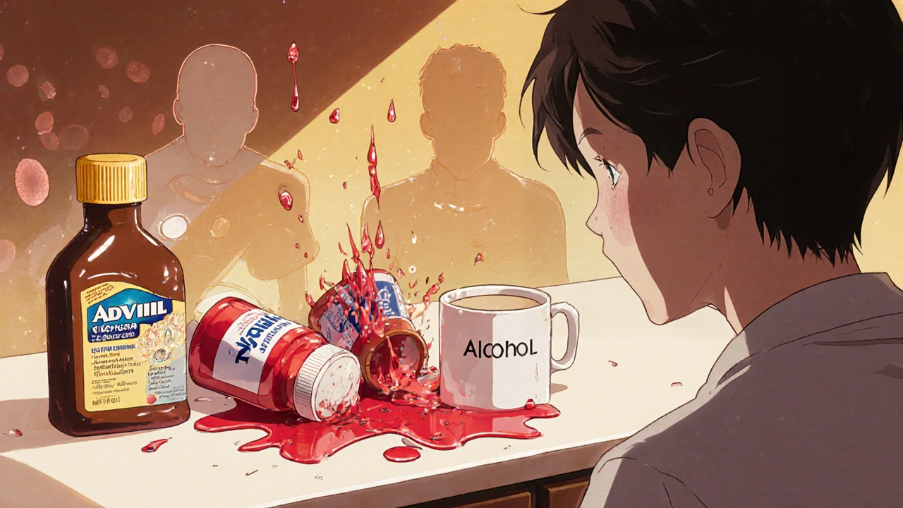 OTC medicine bottles spilling into alcohol, with crumbling liver cells in the background.