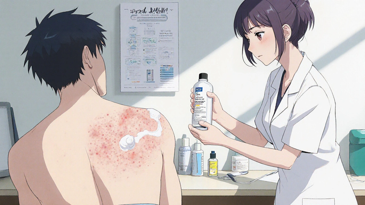 Patient applying tretinoin cream while nurse holds ketoconazole shampoo in dermatologist&#039;s office.