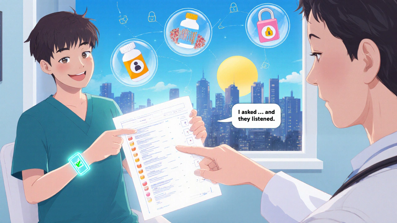 Patient holding discharge medication list as doctor explains it, with digital safety icons locking away dangerous drugs.