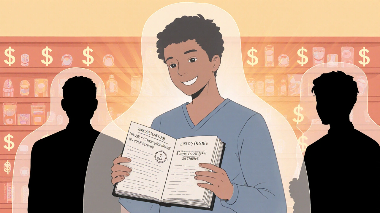 Patient journaling side effects of generic medication, translucent former self beside them.