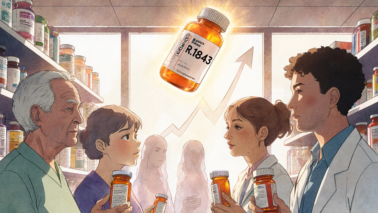 Patients in a pharmacy hold generic pills as sunlight shines, brand-name bottles fading behind them.