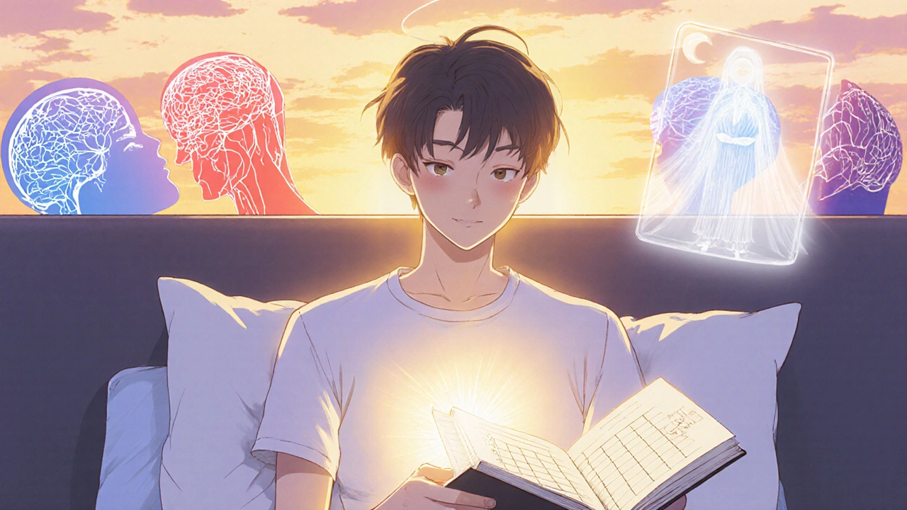 Person calmly tracking sleep at sunrise as neural pathways shift from chaotic to calm.