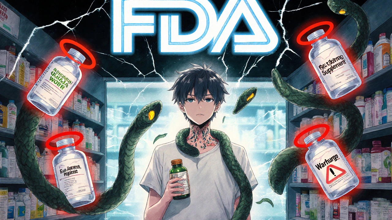 Person surrounded by dangerous herbal vines, FDA logo cracking above them.