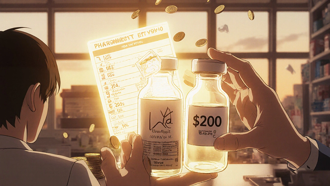 Pharmacist comparing branded and generic antibiotic vials with price tags fading in the background.