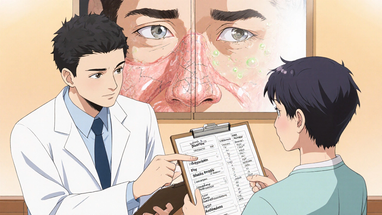 Pharmacist showing a patient a medication chart with visual comparison of dry vs. healthy nasal tissue.