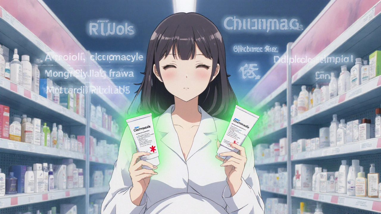 Pregnant woman selecting safe antifungal cream in pharmacy aisle.