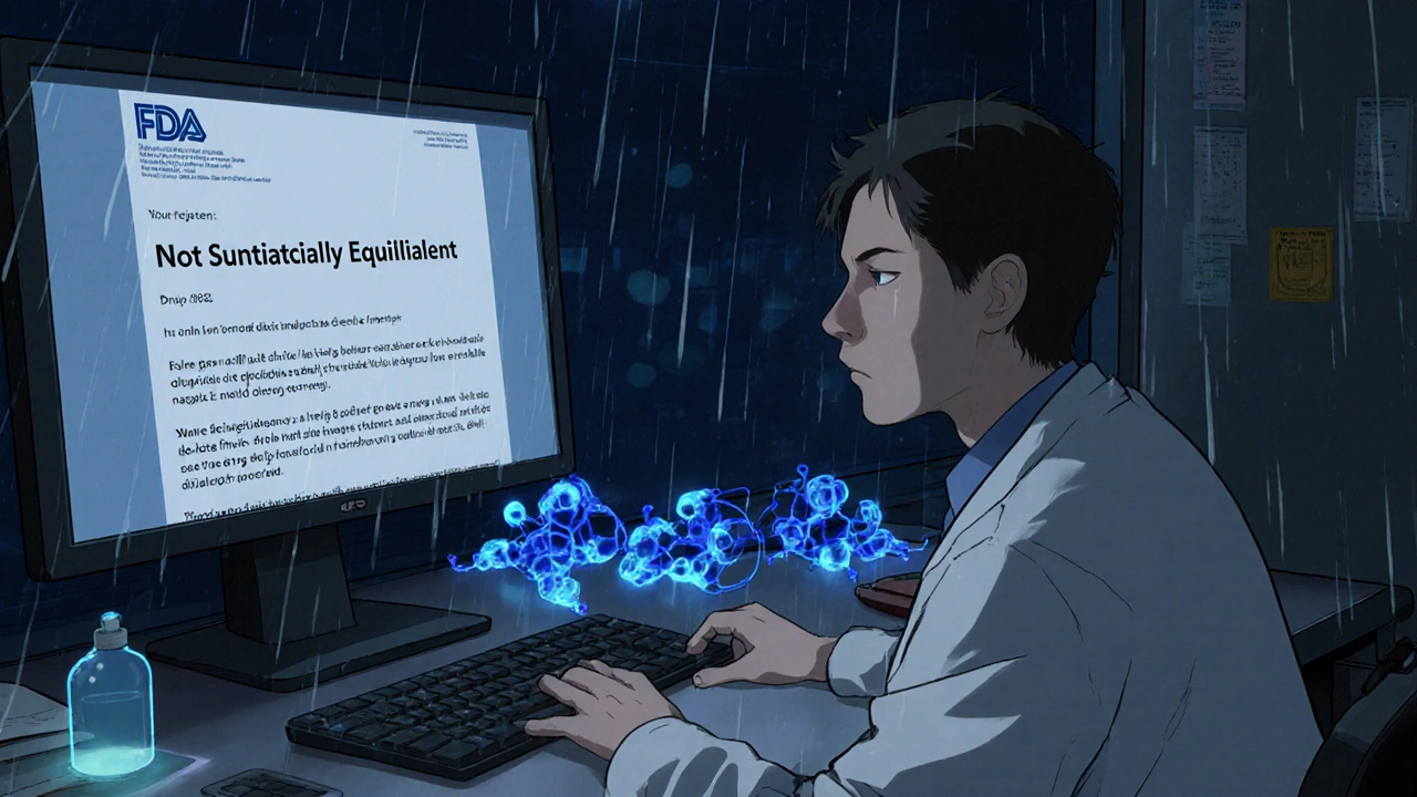 Scientist in a lab stares at a vague FDA rejection letter, failed nasal spray prototypes nearby.