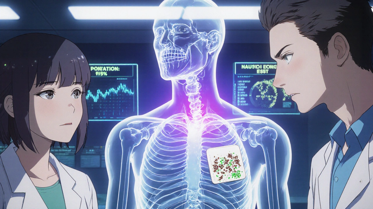 Scientists observing a holographic human torso with scopolamine and caffeine patches interacting.