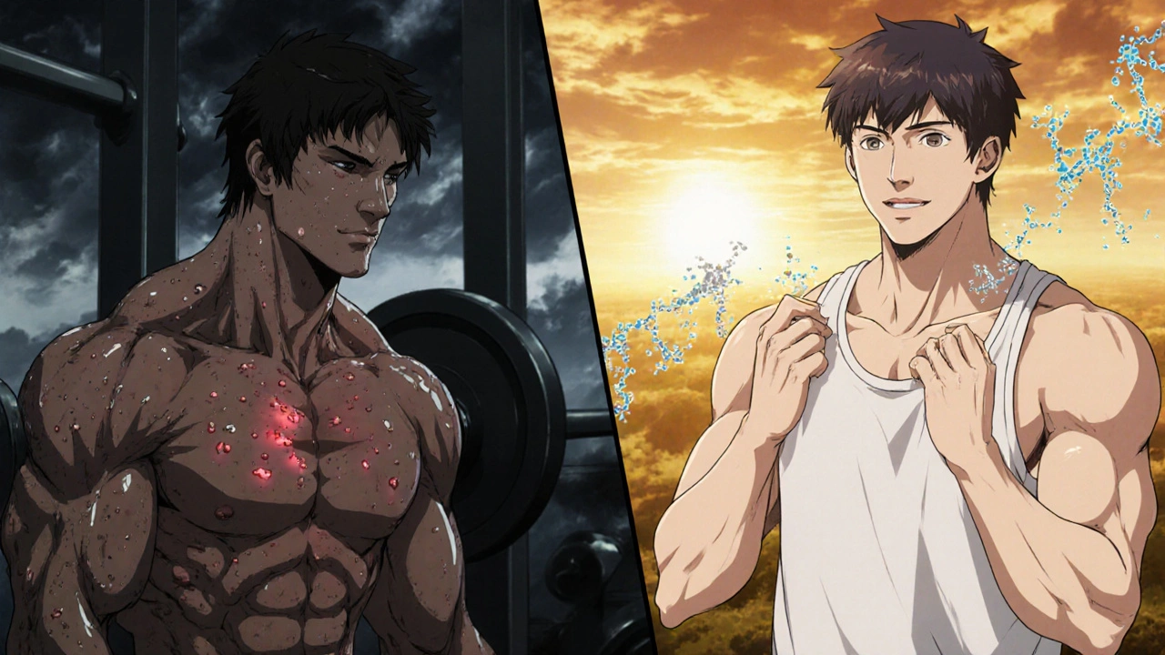 Split image: bodybuilder with acne transitions to person with clear skin applying sunscreen, sunrise background.