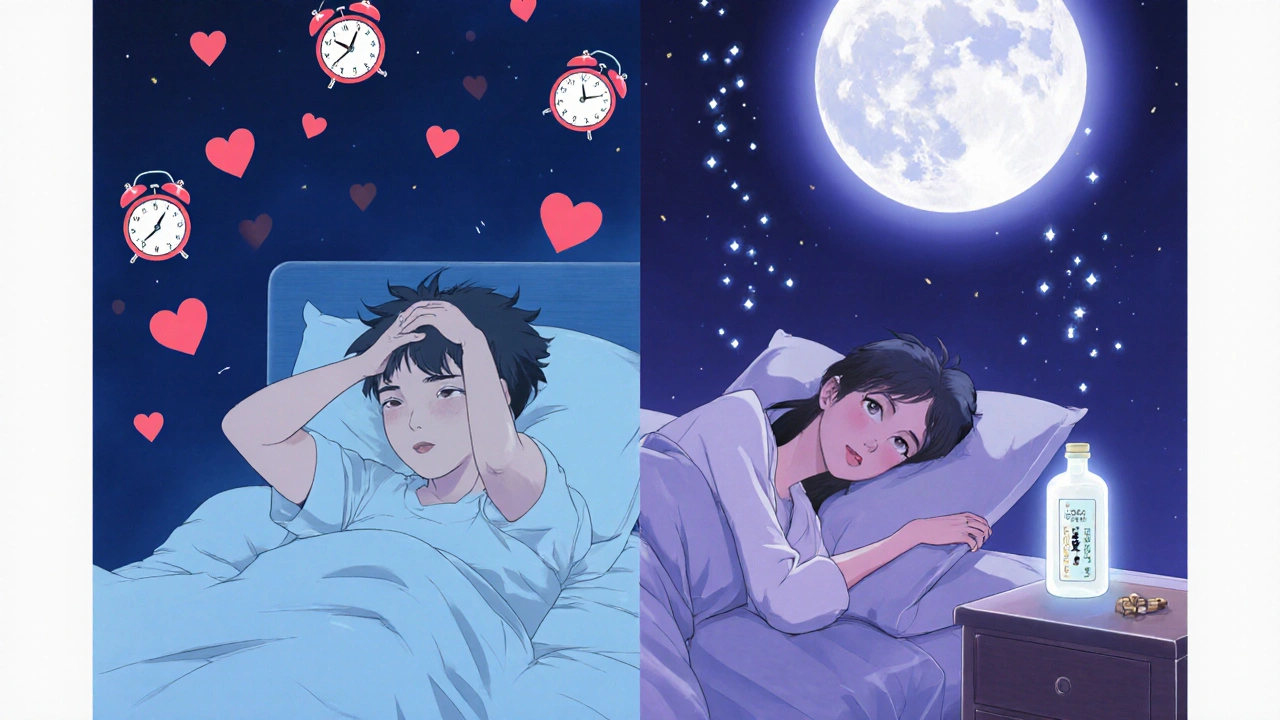 Split image of a person struggling to sleep versus peacefully sleeping with calming energy particles.