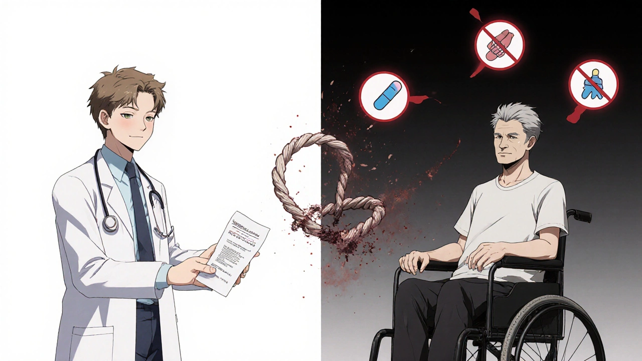 Split scene: doctor prescribing antibiotic vs. patient in wheelchair with ruptured tendon.