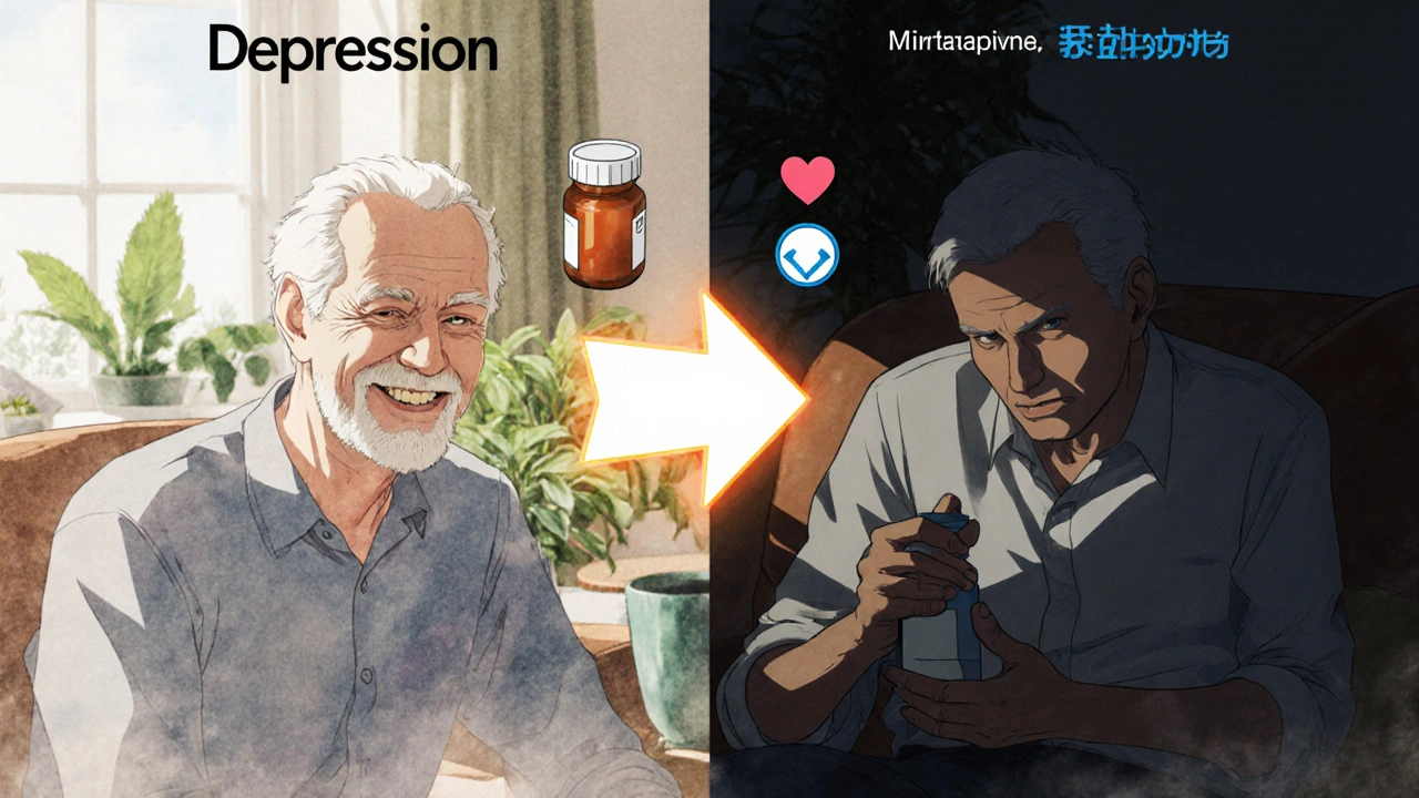 Split scene: elderly man in therapy with sunlight vs. earlier depression with SSRI bottle, symbolizing safer alternatives.