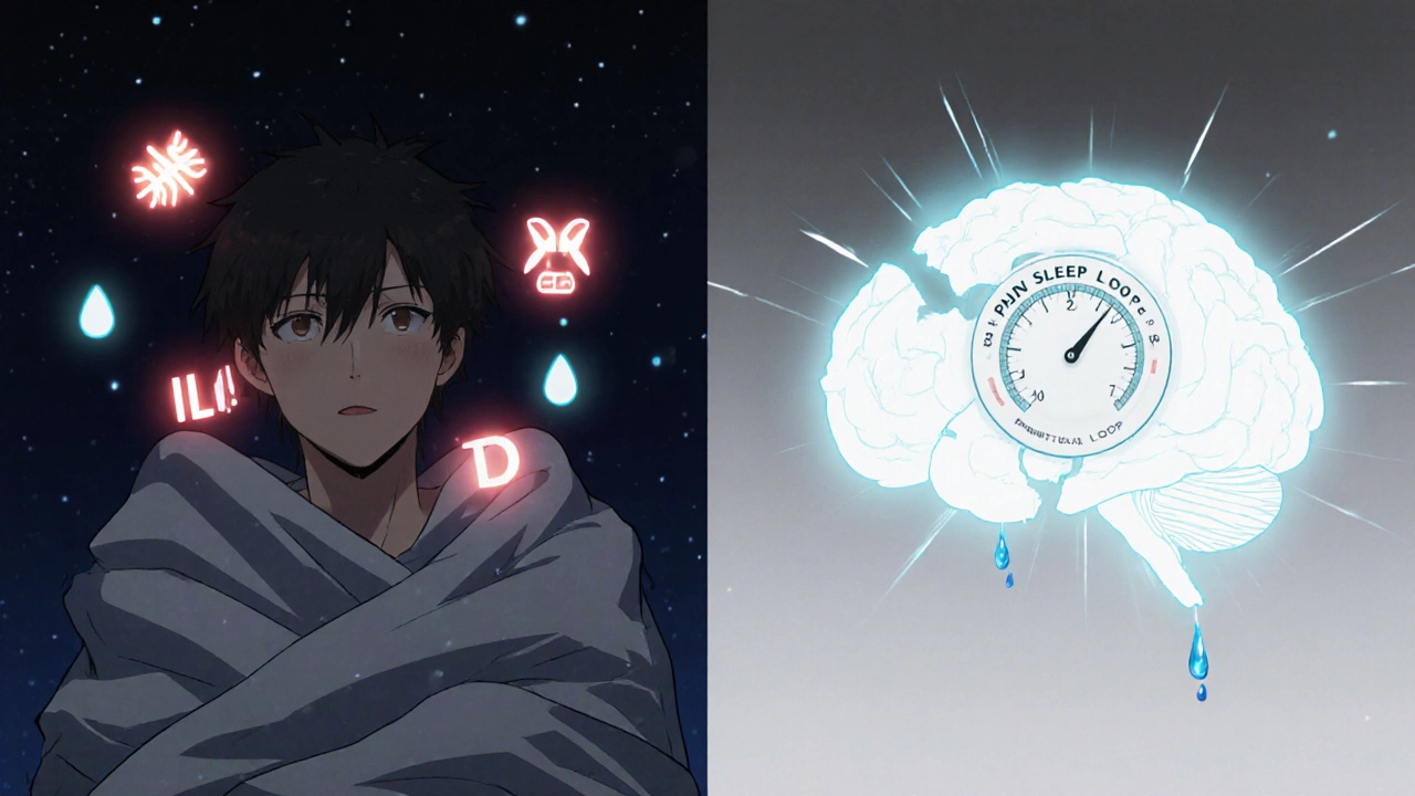 Split-screen showing inflamed body and broken brain thermostat symbolizing the pain-sleep cycle.
