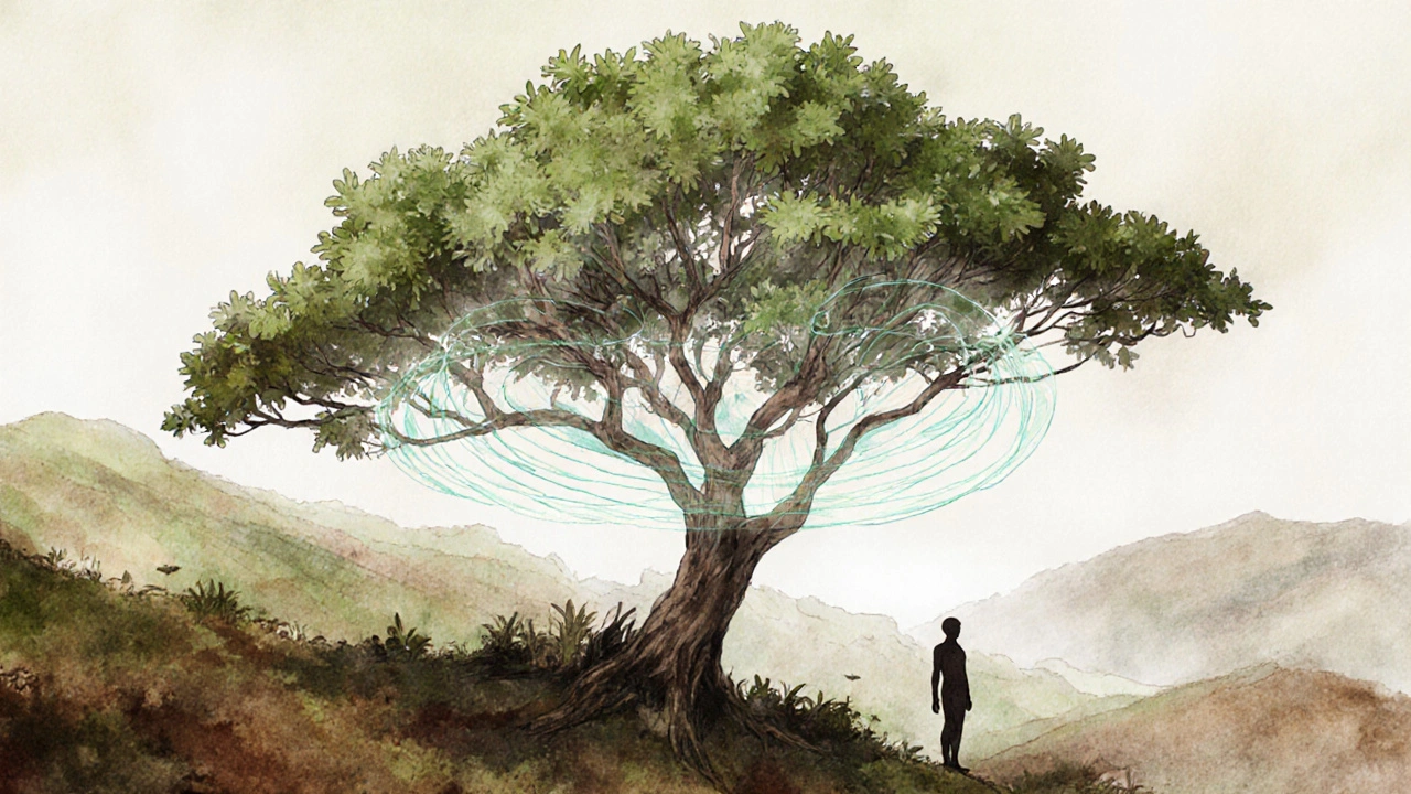 Stylized Harungana tree in Madagascar emitting soothing energy waves toward a human figure.