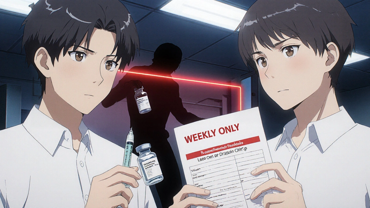 Two healthcare workers double-checking insulin dosage, with a blocked vial of concentrated electrolyte in the background.