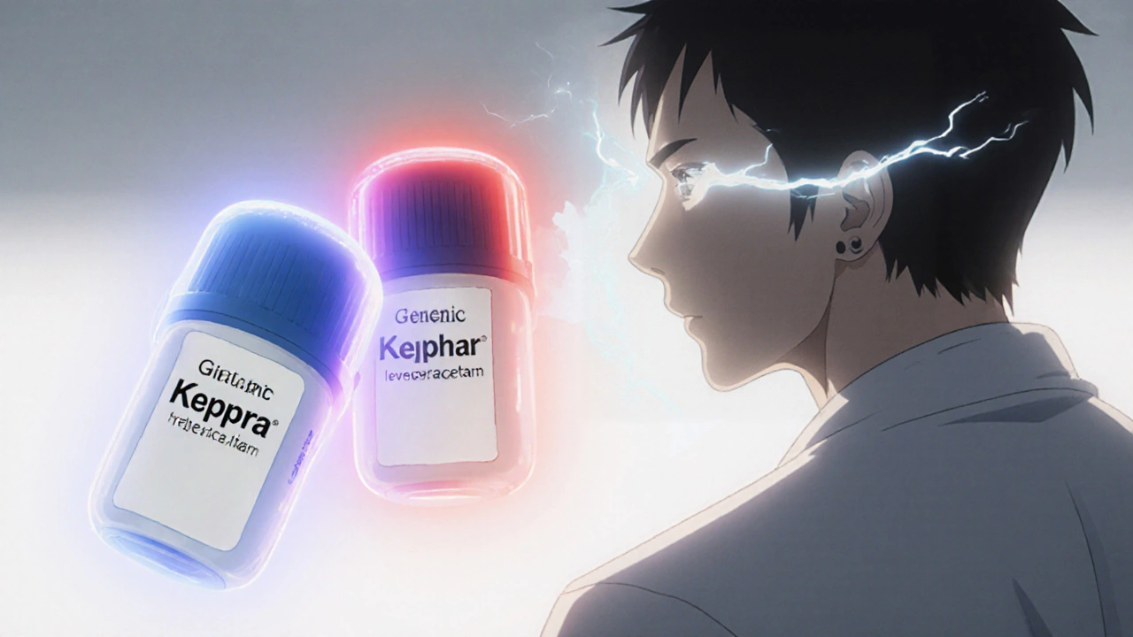 Two pills with glowing halos symbolizing blood level differences, patient experiencing seizure aura.