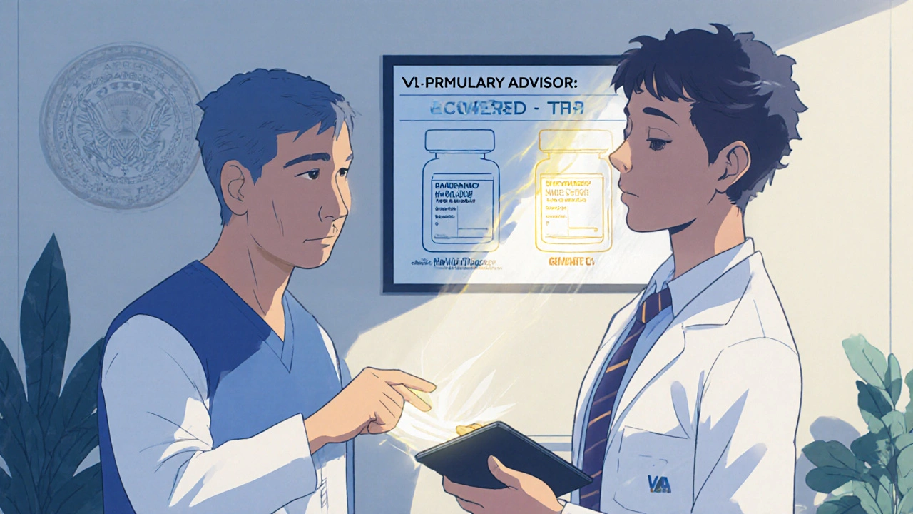 VA pharmacist showing a covered medication on a screen to a veteran in a clinic.