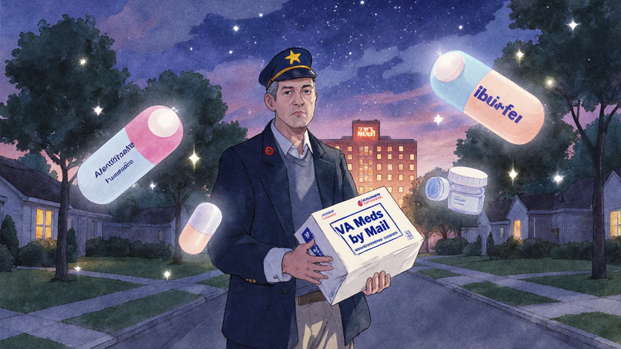 Veteran walking home with VA mail package, generic pills glowing like fireflies around them.