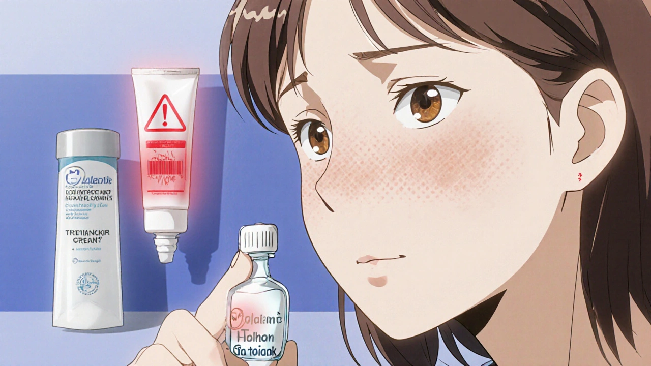 Woman choosing safe acne treatment while avoiding retinoid cream.