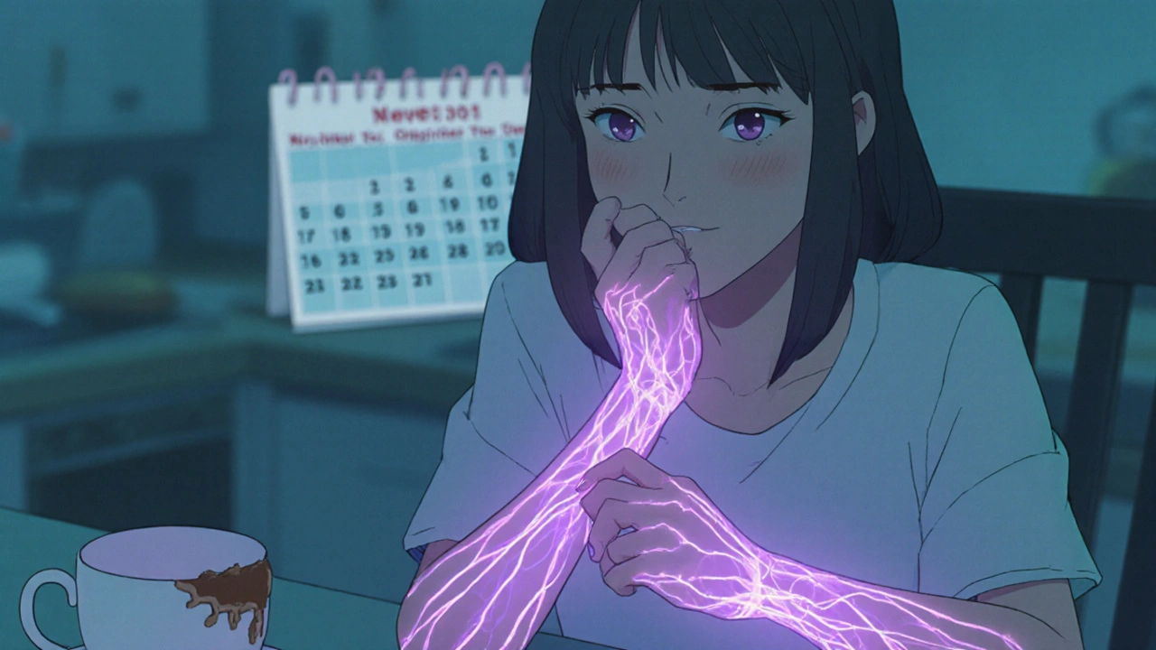 Woman with glowing purple nerves in her hands, sitting at a kitchen table.