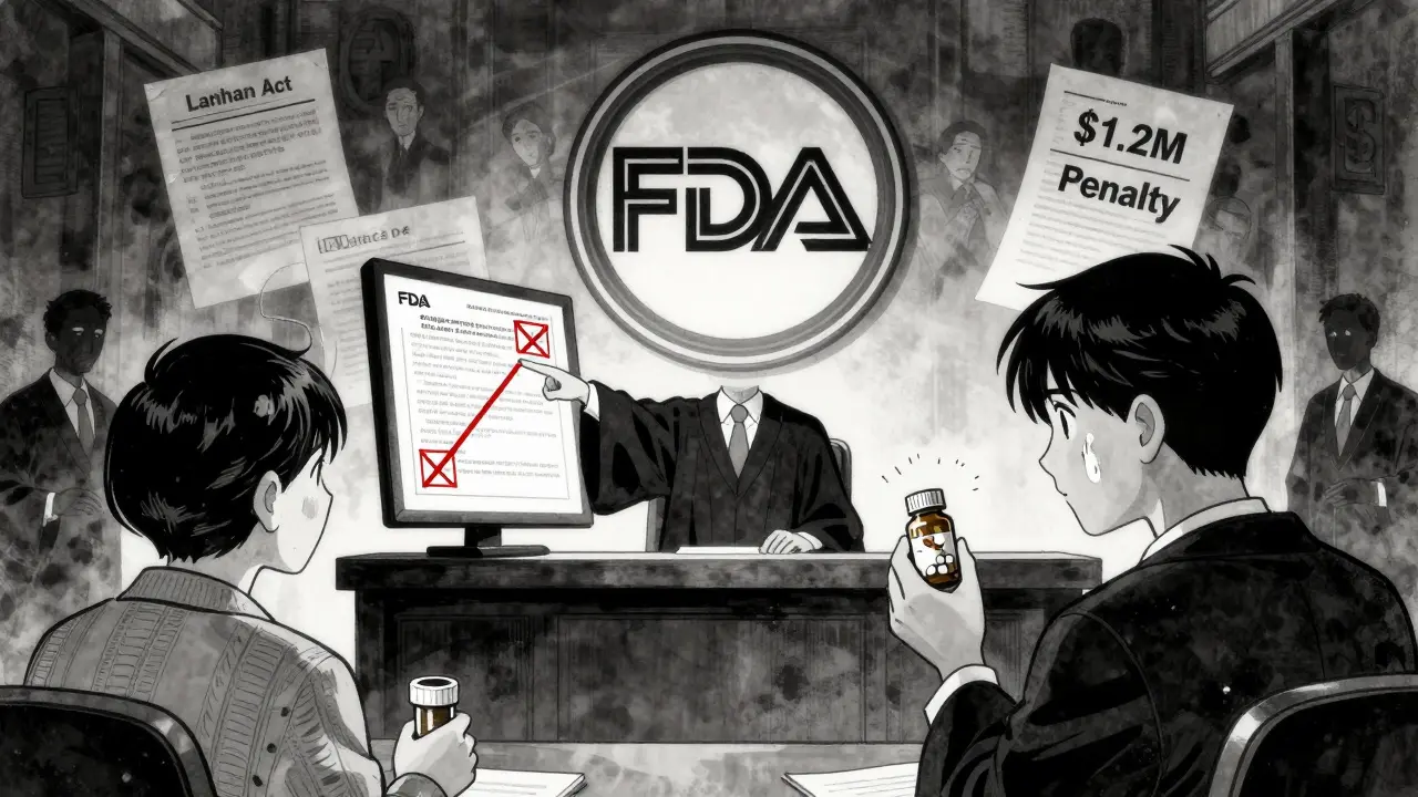 A courtroom with an FDA seal above a lawyer pointing at a misleading ad, a patient crying, corporate figures shrinking in shadow.