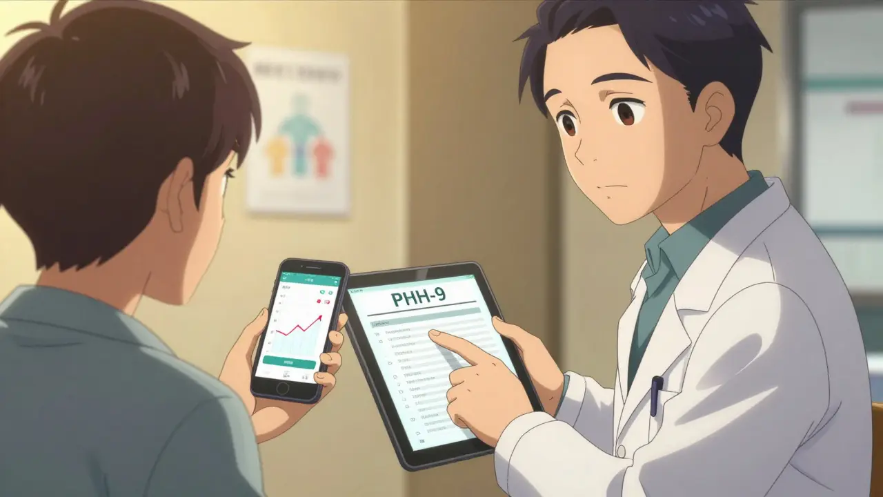 A doctor and patient review a mood tracker app during a clinic visit.