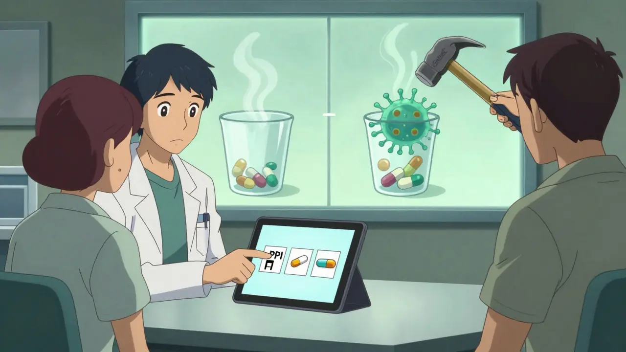 A doctor explains H. pylori treatment options using visual icons of separate pills versus a combo tablet.