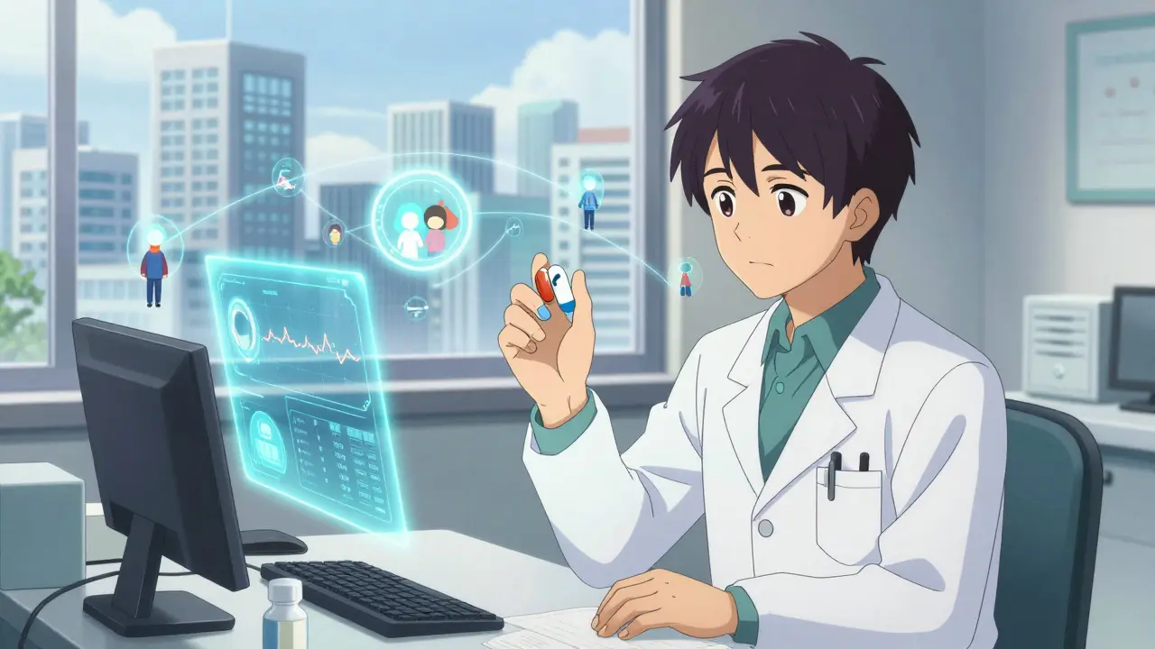 A doctor reviews a patient’s health data alongside AI insights while considering generic medication options.