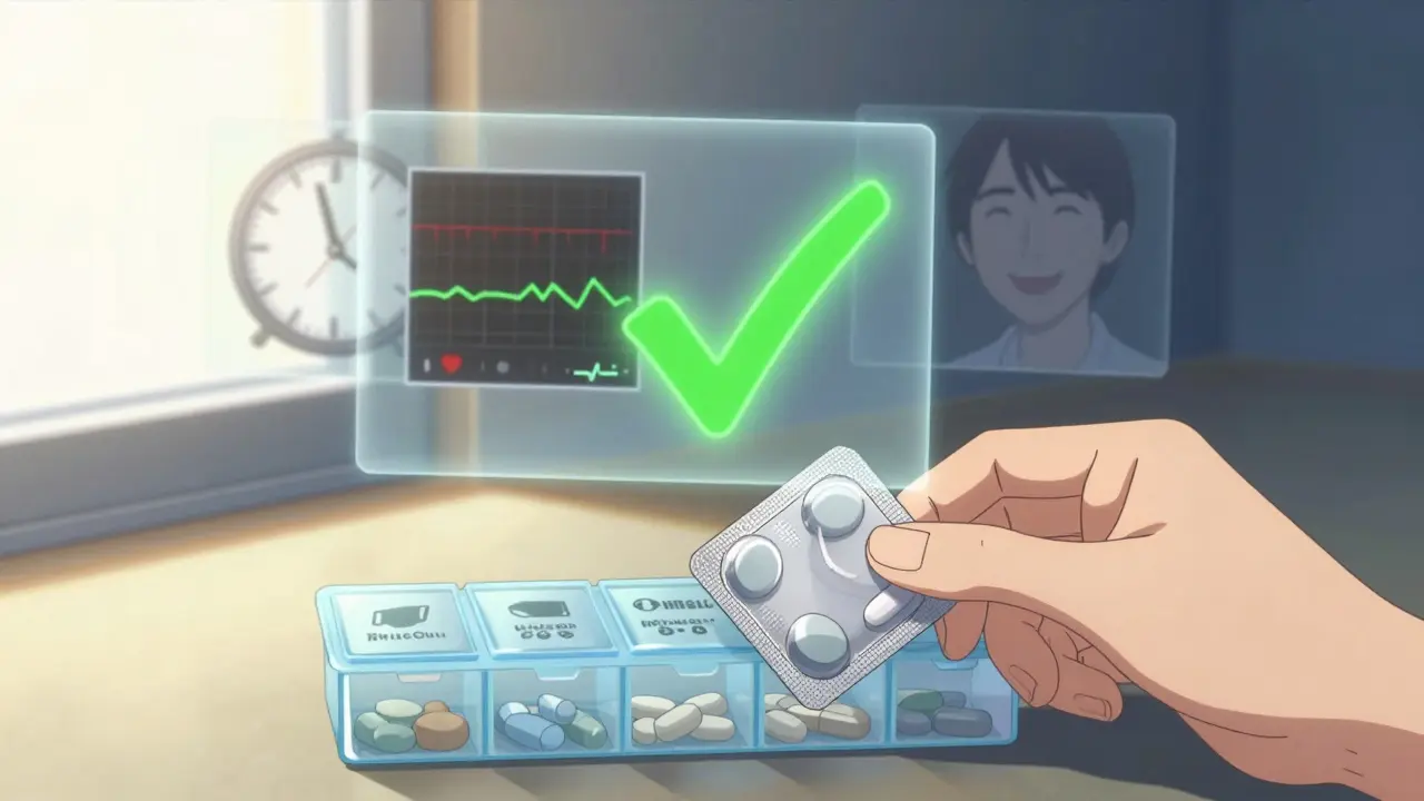 A hand places pills into an organizer as glowing memories fade into hope.