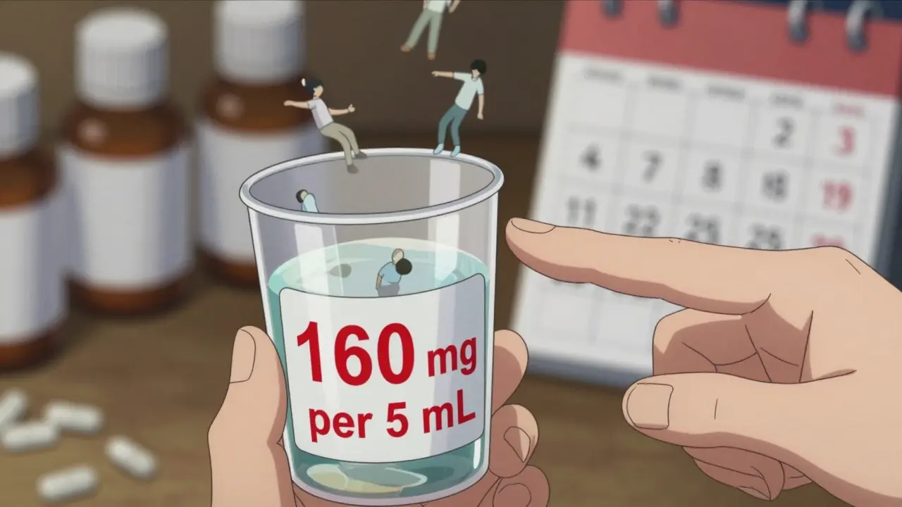 A hand pouring acetaminophen as tiny figures fall inside the cup, with a clear dosage label in focus.