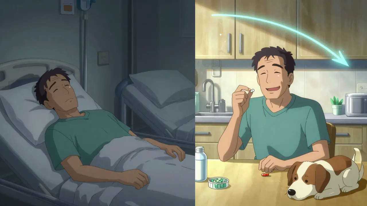 A man transitions from skipping medication due to cost to taking generics, with improved health and calm at home.