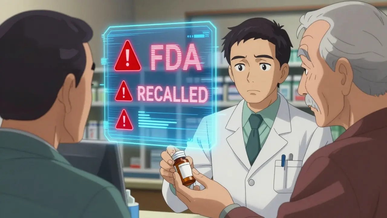 A pharmacist giving a generic pill to an elderly patient while a false warning ad glows behind them.