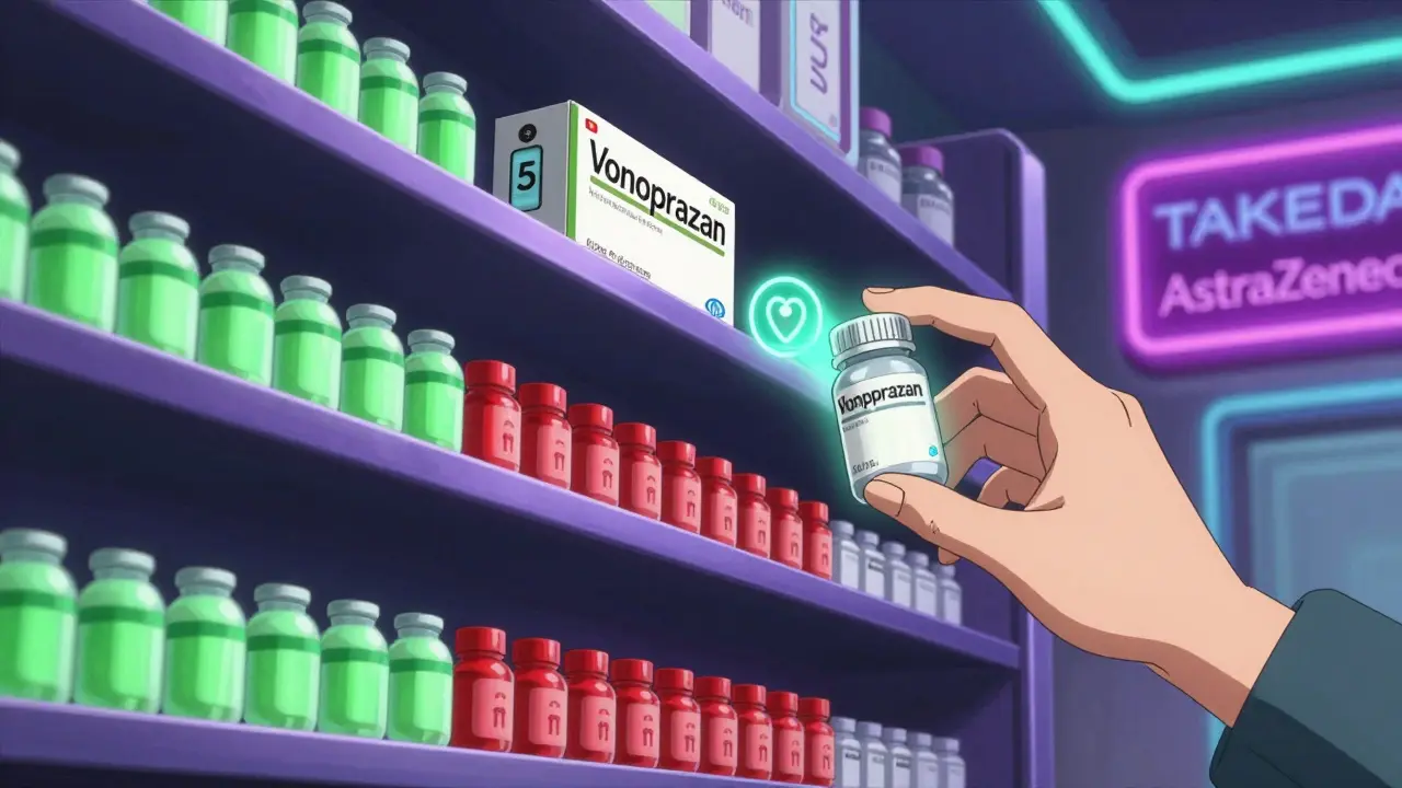 A pharmacy shelf displays generic and brand GI pills with a countdown timer for vonoprazan generics.