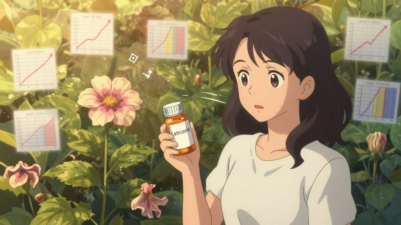 A woman holds letrozole as blooming flowers symbolize her menstrual cycle and hormonal balance.