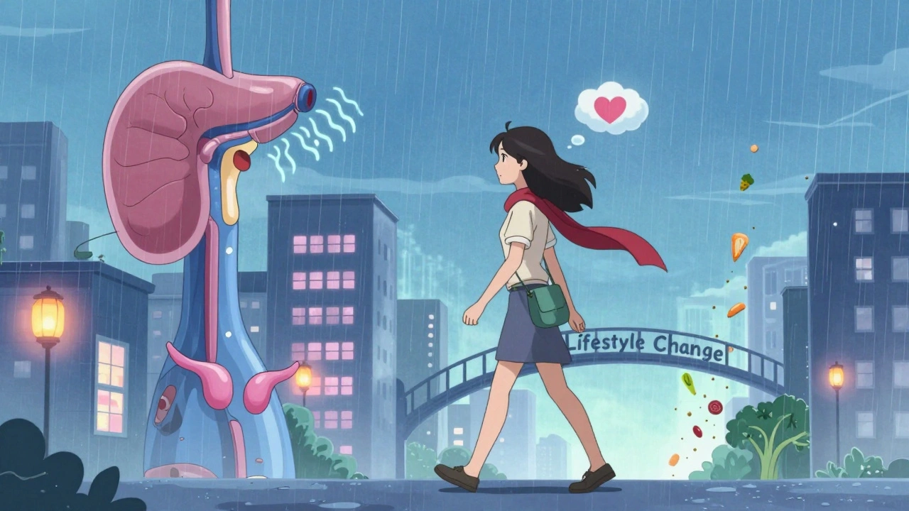 A woman walks through a city where body systems are buildings, transitioning from chaos to health.