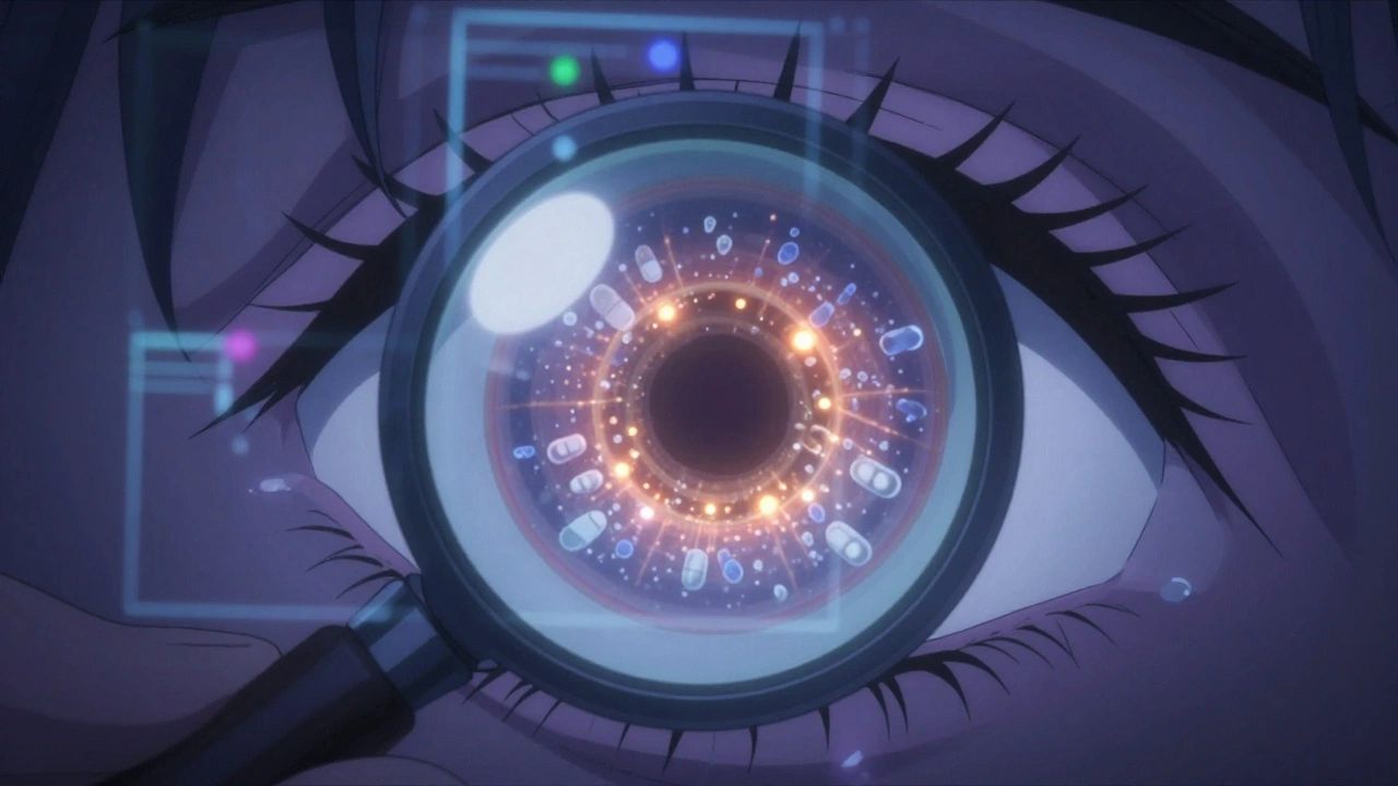 Close-up of an eye with drug crystals accumulating in the retina, scattering light into rings, medical scan faintly visible.