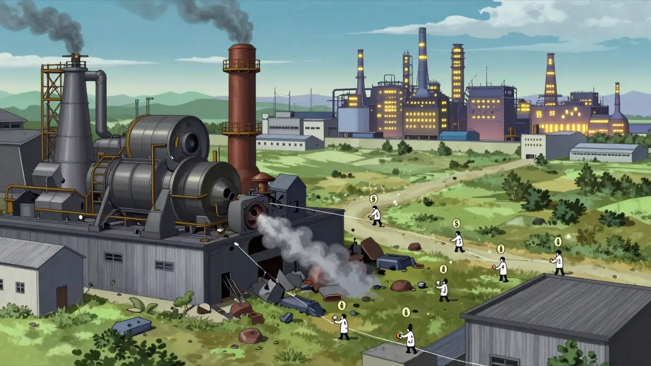 Crumbling U.S. drug factory with overseas production sites connected by snapping supply lines.