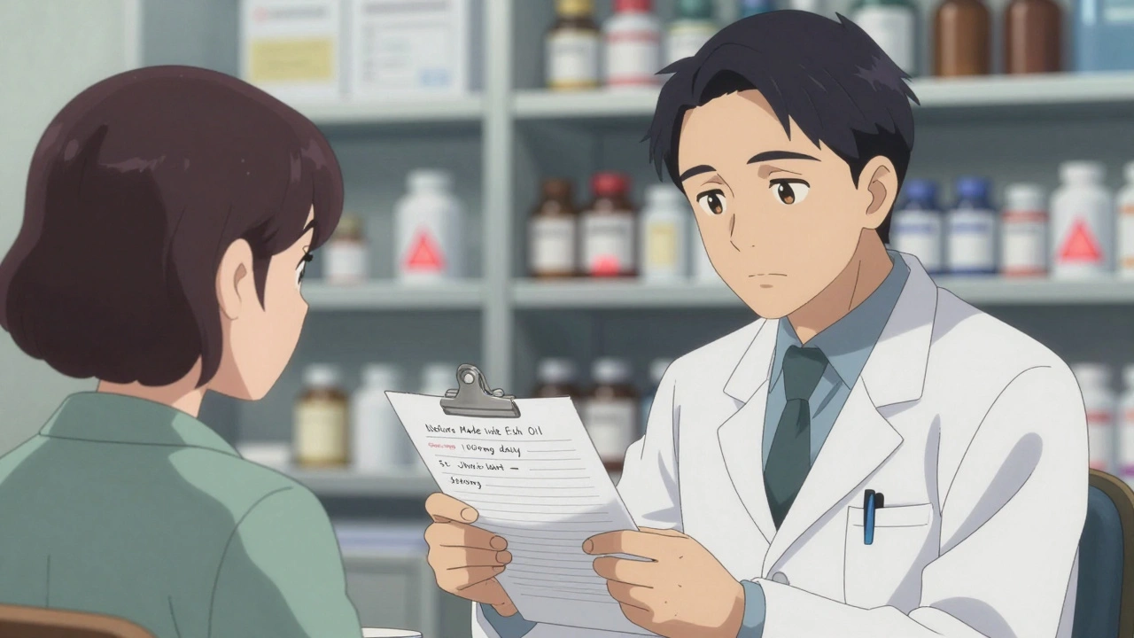 Doctor and patient reviewing a detailed handwritten record of supplements and medications during a consultation.
