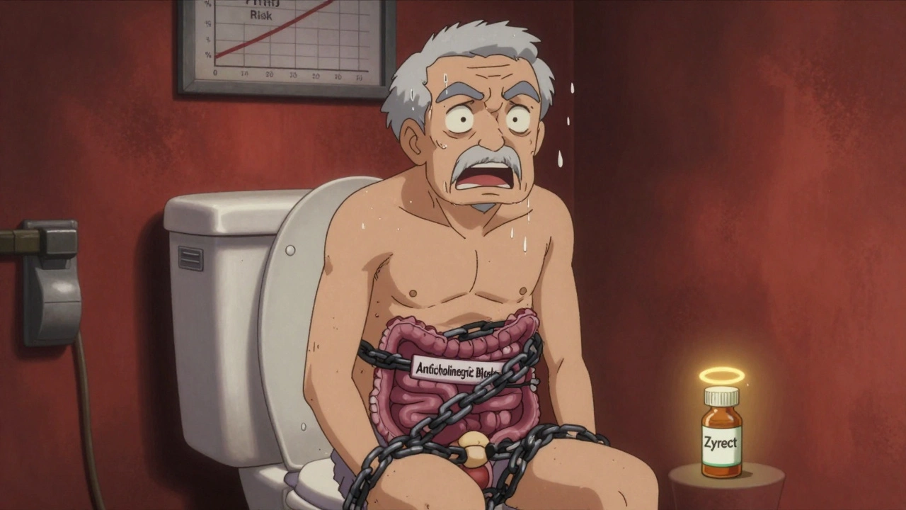 Elderly man in bathroom with chains blocking bladder, Zyrtec bottle glowing nearby.