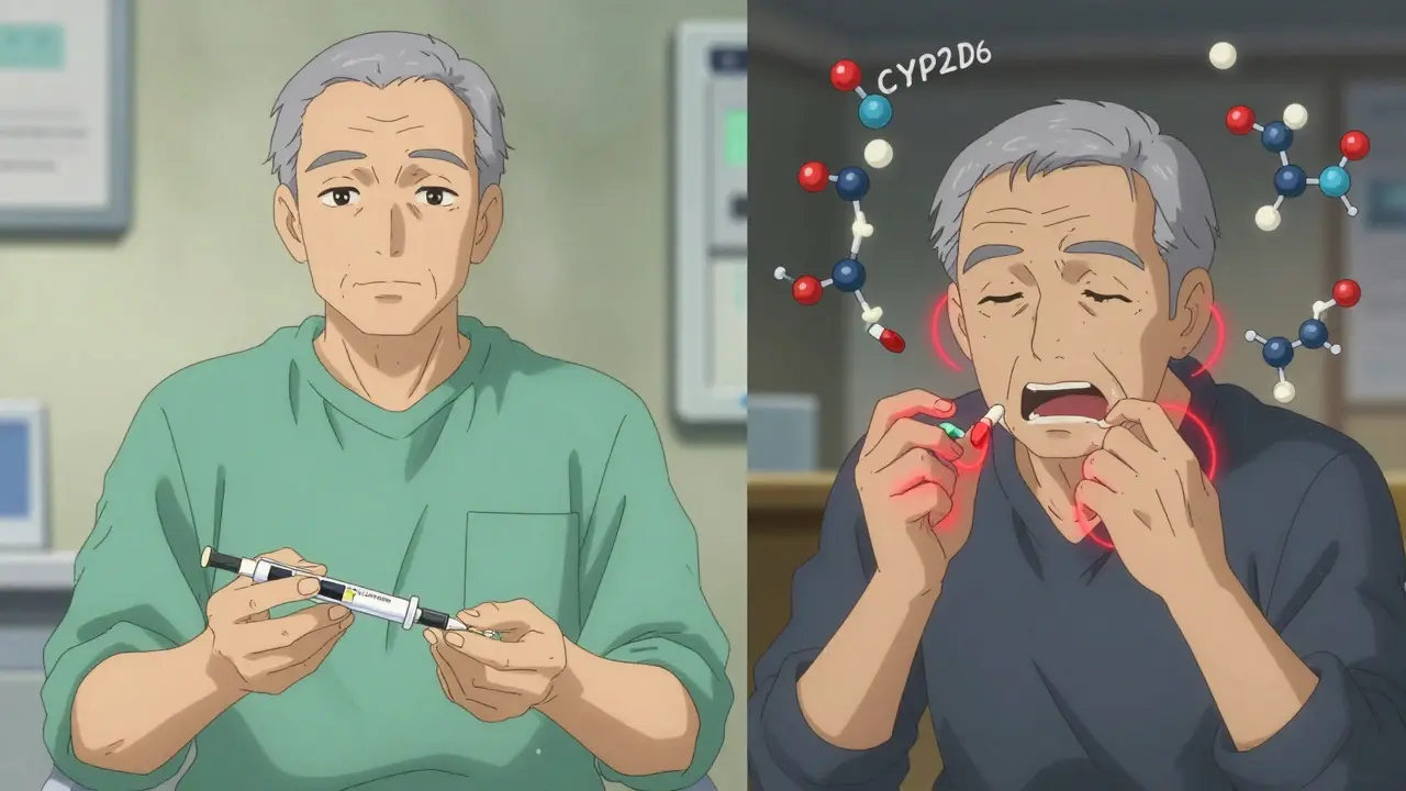 Elderly man receiving dexamethasone injection vs. ondansetron with warning halos.