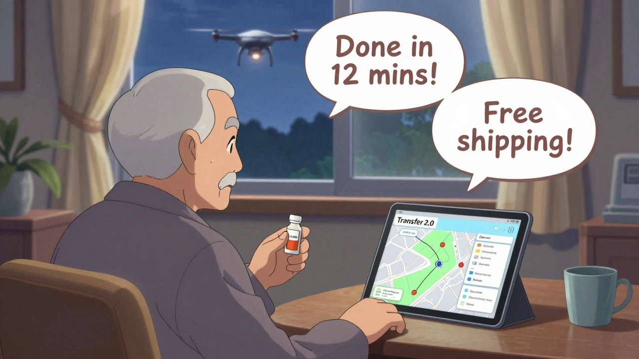 Elderly man watching medication drone arrive while tracking transfer on tablet.
