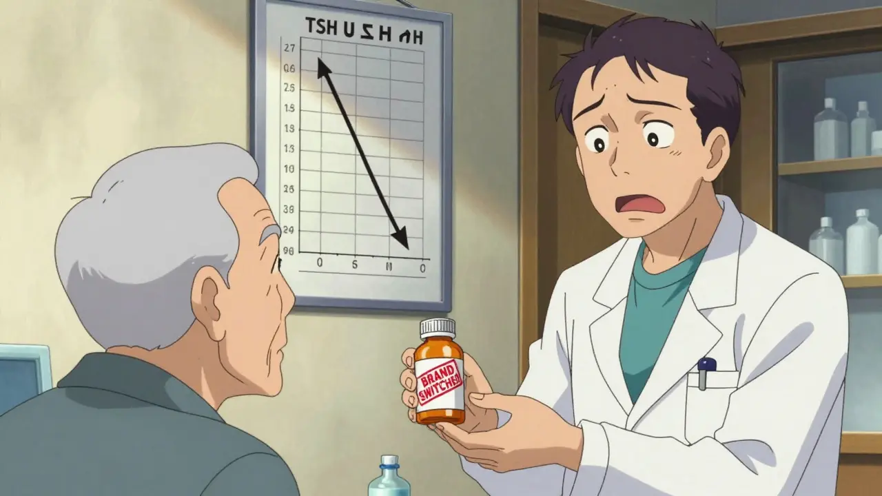 Elderly patient in doctor's office reacting to a switched thyroid medication brand.