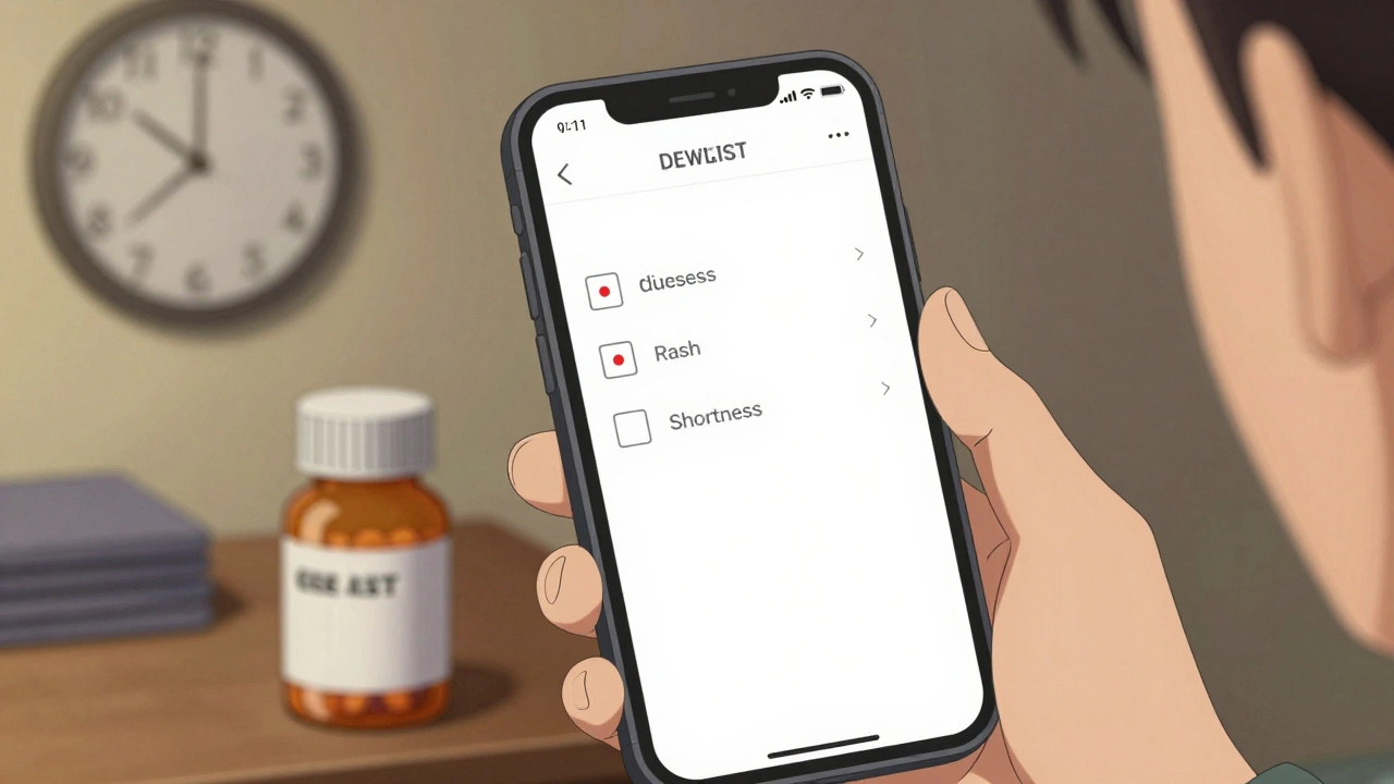 Hand holding phone with symptom checklist app next to a recalled pill bottle.