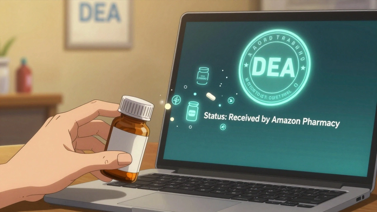 Hand holding pill bottle beside laptop showing secure DEA-verified prescription transfer.